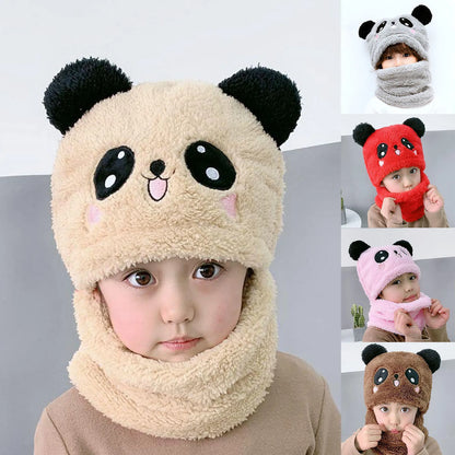 Winter Baby Cap Set Velvet Cartoon Panda Rabbit Baby Head Cover Warm Neck Collar Kids Beanies Sets Plush Children Hat Scarf.